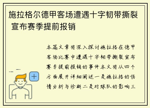 施拉格尔德甲客场遭遇十字韧带撕裂 宣布赛季提前报销