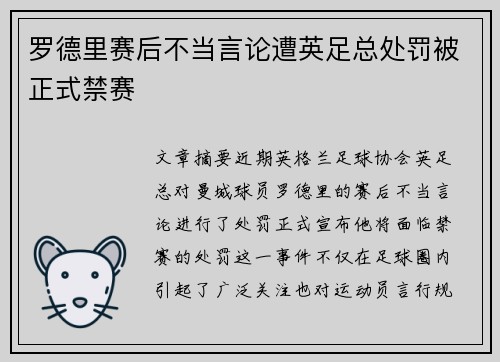 罗德里赛后不当言论遭英足总处罚被正式禁赛